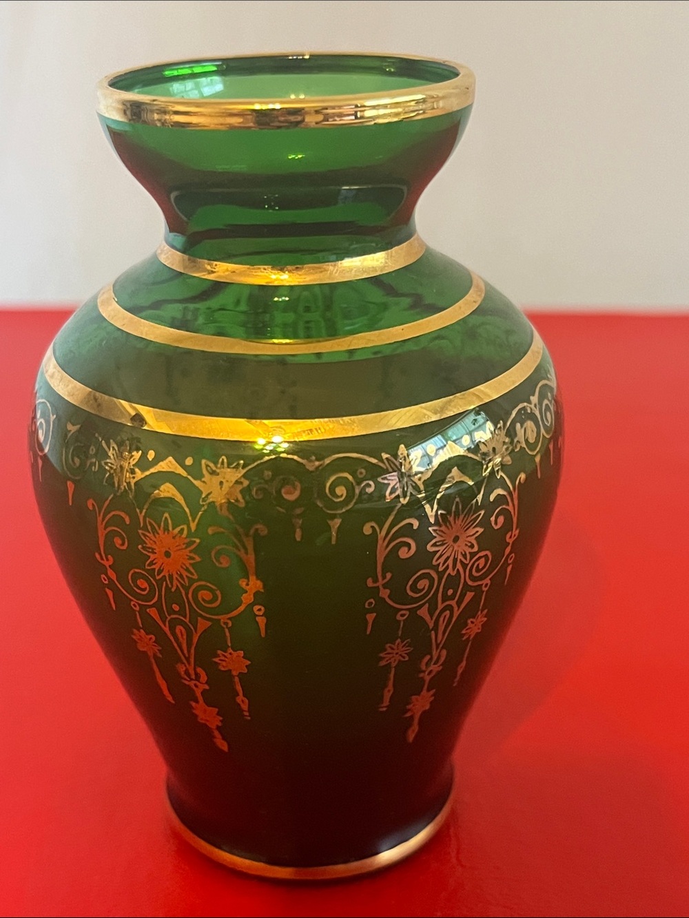 Chech Bohemian Vase Hand Blown Emerald Green Intricate Gold Pattern 4.25"